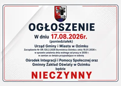 Zmiana organizacji pracy Urzędu – 17 sierpnia 2026 r.