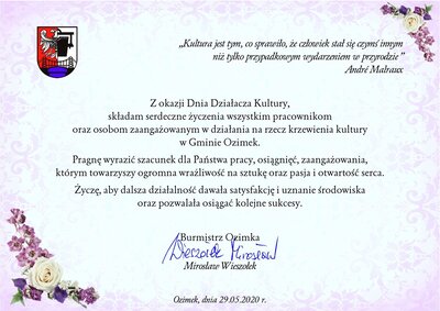 Życzenia z okazji Dnia Działacza Kultury