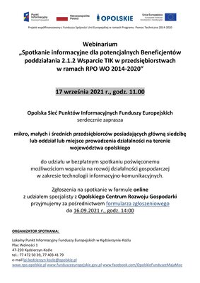 Webinarium Spotkanie informacyjne dla potencjalnych Beneficjentów poddziałania 2.1.2 Wsparcie TIK w przedsiębiorstwach w ramach RPO WO 2014-2020