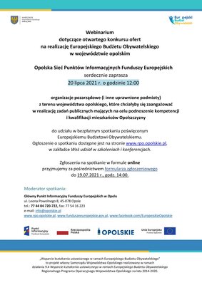 Webinarium dotyczące otwartego konkursu ofert  na realizację Europejskiego Budżetu Obywatelskiego  w województwie opolskim
