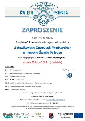 Zaproszenie do udziału w  Spławikowych Zawodach Wędkarskich w ramach Święta Pstrąga