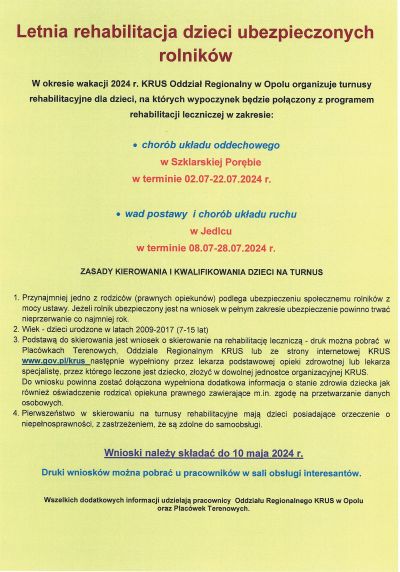 Letnia rehabilitacja dzieci ubezpieczonych rolników