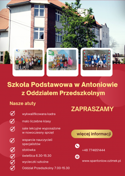 Zapraszamy do zapoznania się z ofertą edukacyjną Szkoły Podstawowej w Antoniowie